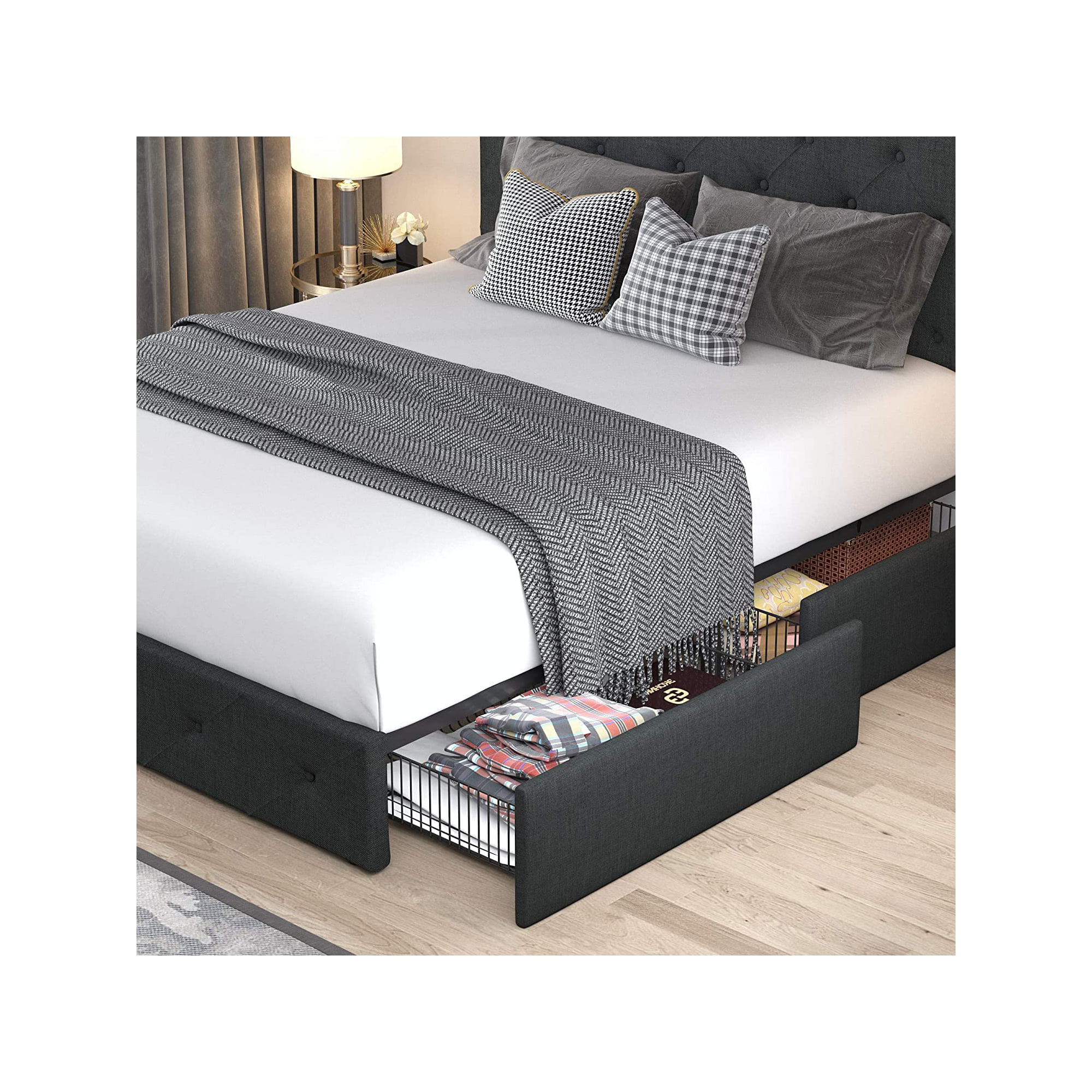 Allewie Queen Size Platform Bed Frame with 3 Storage Drawers, Fabric  Upholstered, Dark Grey