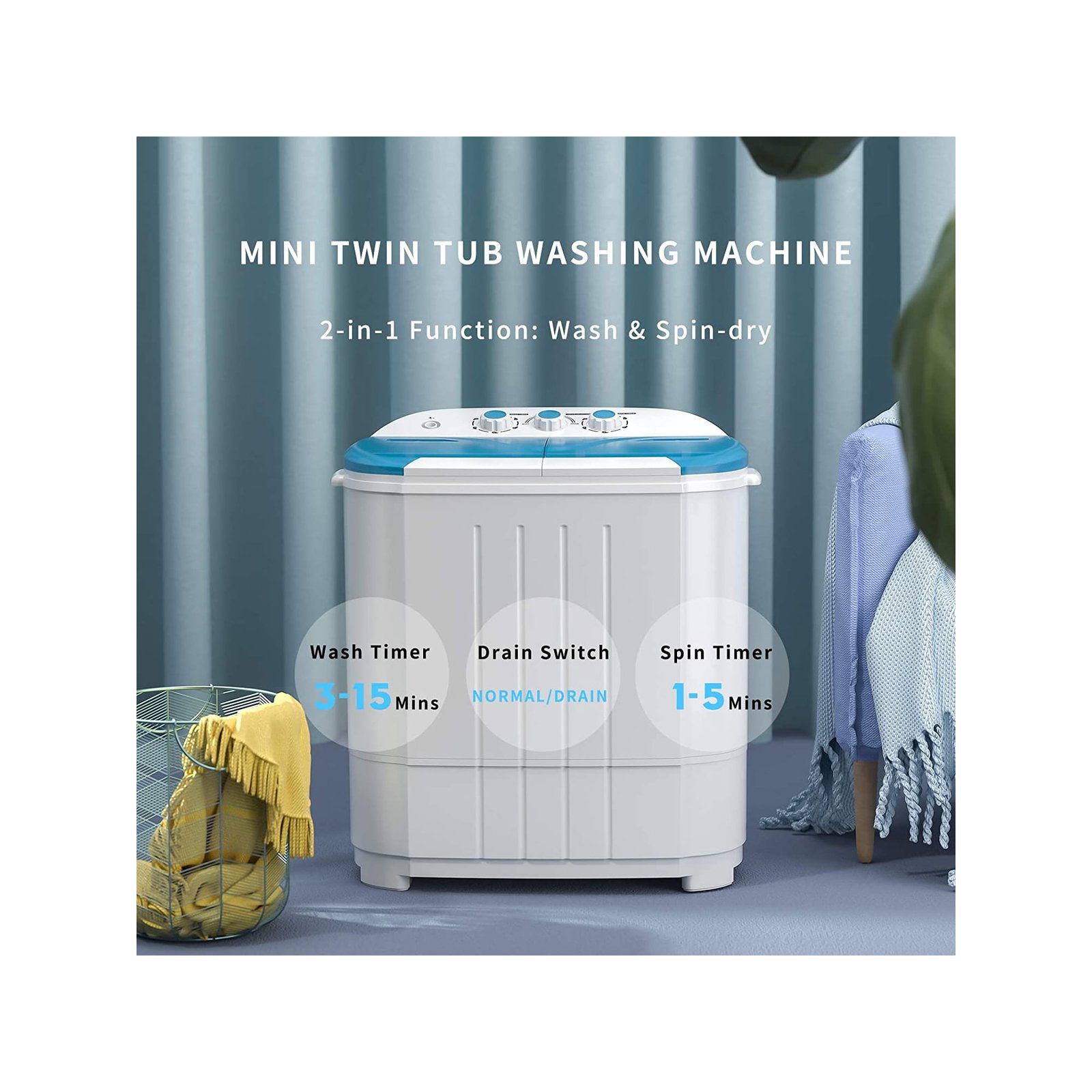 Auertech Portable Washing Machine 28lbs Mini Twin Tub Semi-Automatic Washer  Spinner Combo with Drain Pump 