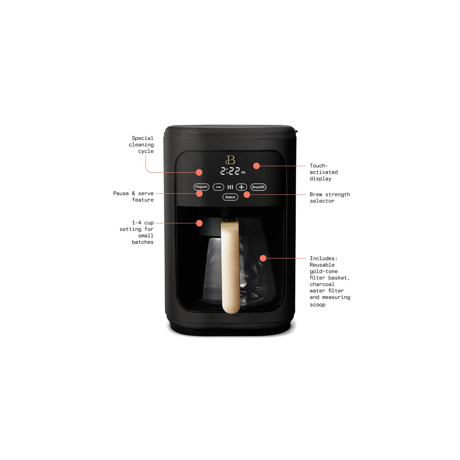 Beautiful 14 Cup Touchscreen Coffee Maker, Black Sesame by Drew