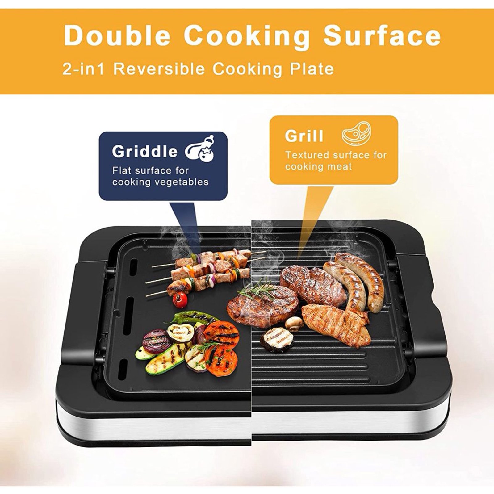 Indoor Grill Electric Nonstick BBQ Grill 1500W, Detachable Griddle