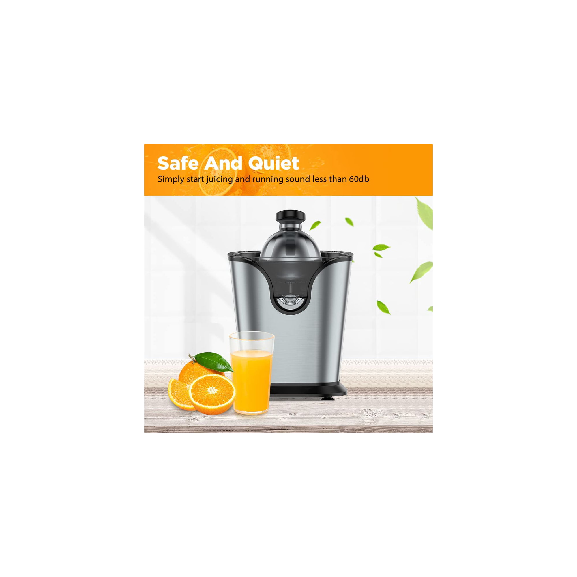 Movsou Electric Citrus Juicer for Orange Lemon Lime Grapefruit Juice, 150W  Squeezer with Soft Rubber Grip, Stainless Steel Filter and Anti-drip Spout  Lock - Silver 