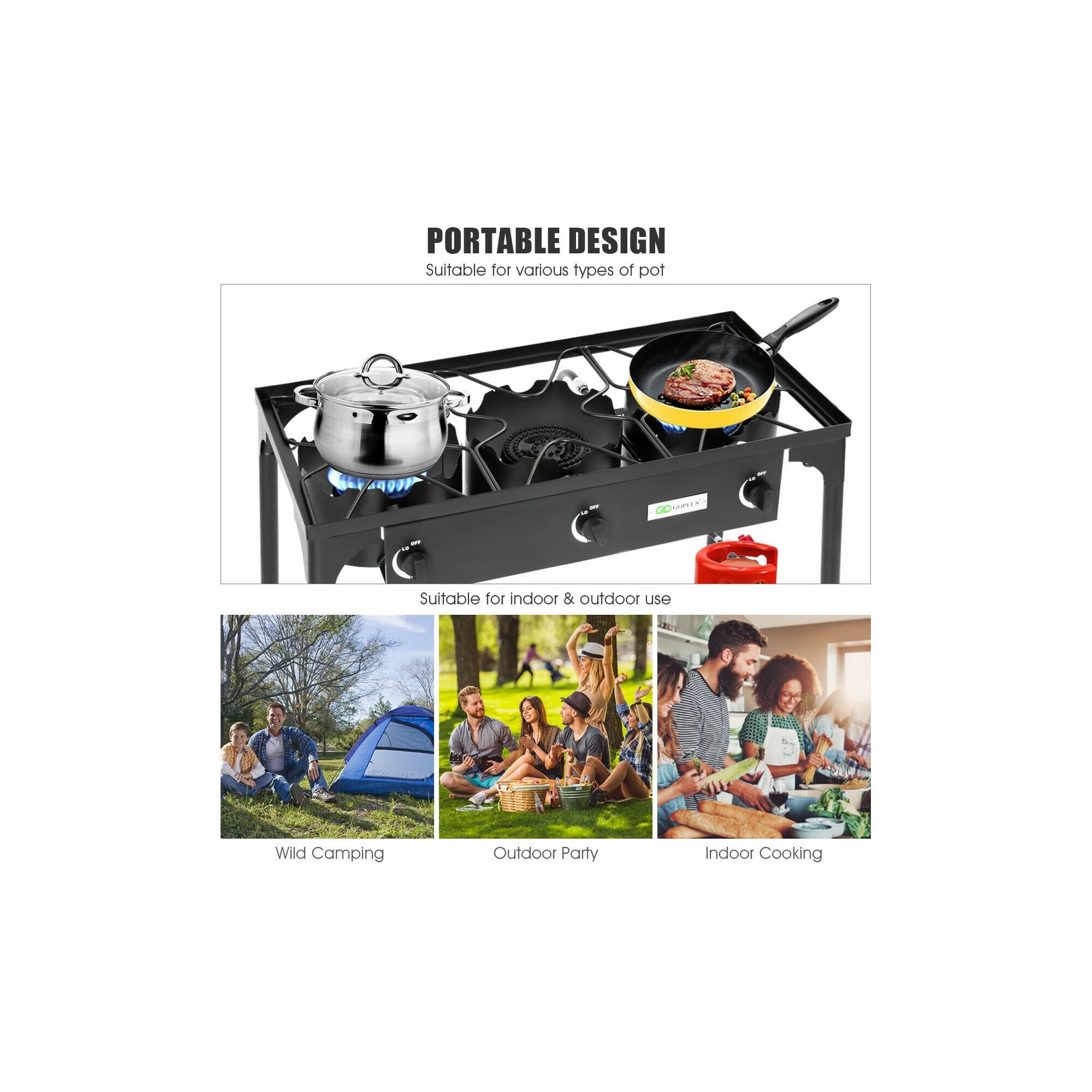 Goplus Portable Propane 225,000-BTU 3 Burner Gas Cooker Outdoor Camp Stove  BBQ