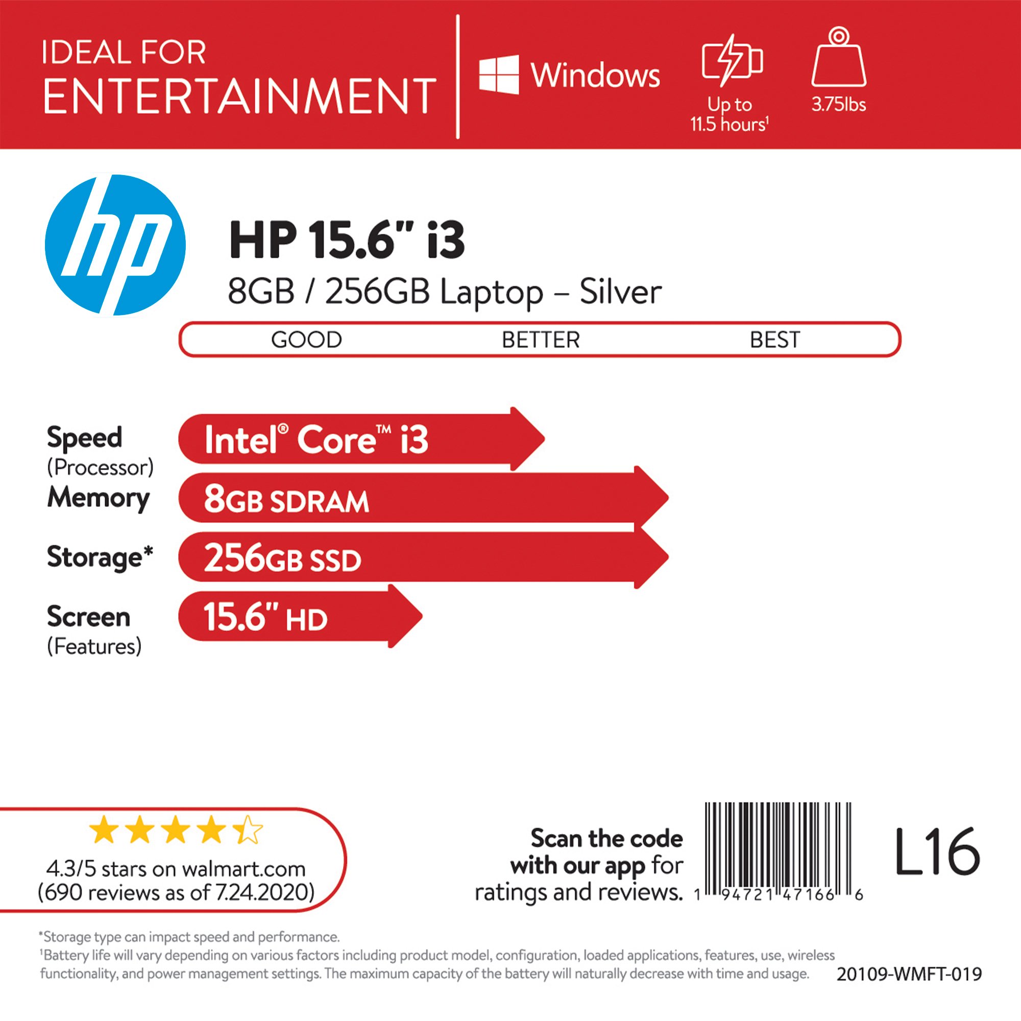 HP 15.6, Intel Core i3-1005G1, 8GB RAM, 256GB SSD, Silver, Windows 10,  15-dy1031wm 