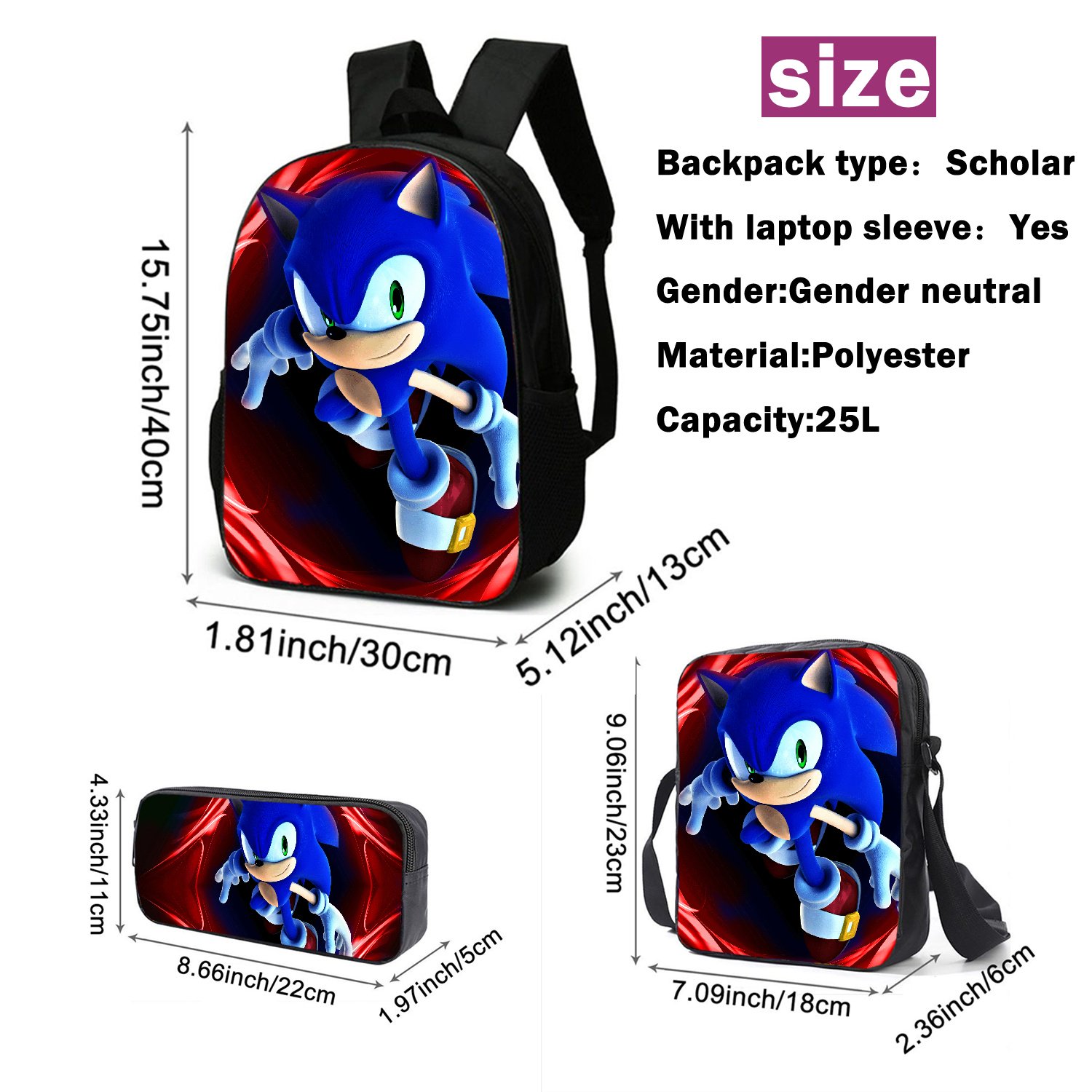 Kufutee 3 Pcs Sonic Boys Backpack Cartoon Backpack Set-Including Lunch Bag  And Pencil Case For Boys – The Market Depot