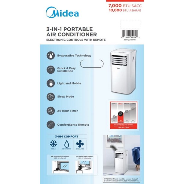 MAP07R1WWT by Midea - 7,000 BTU ComfortSense 3-in-1 Portable Air Conditioner