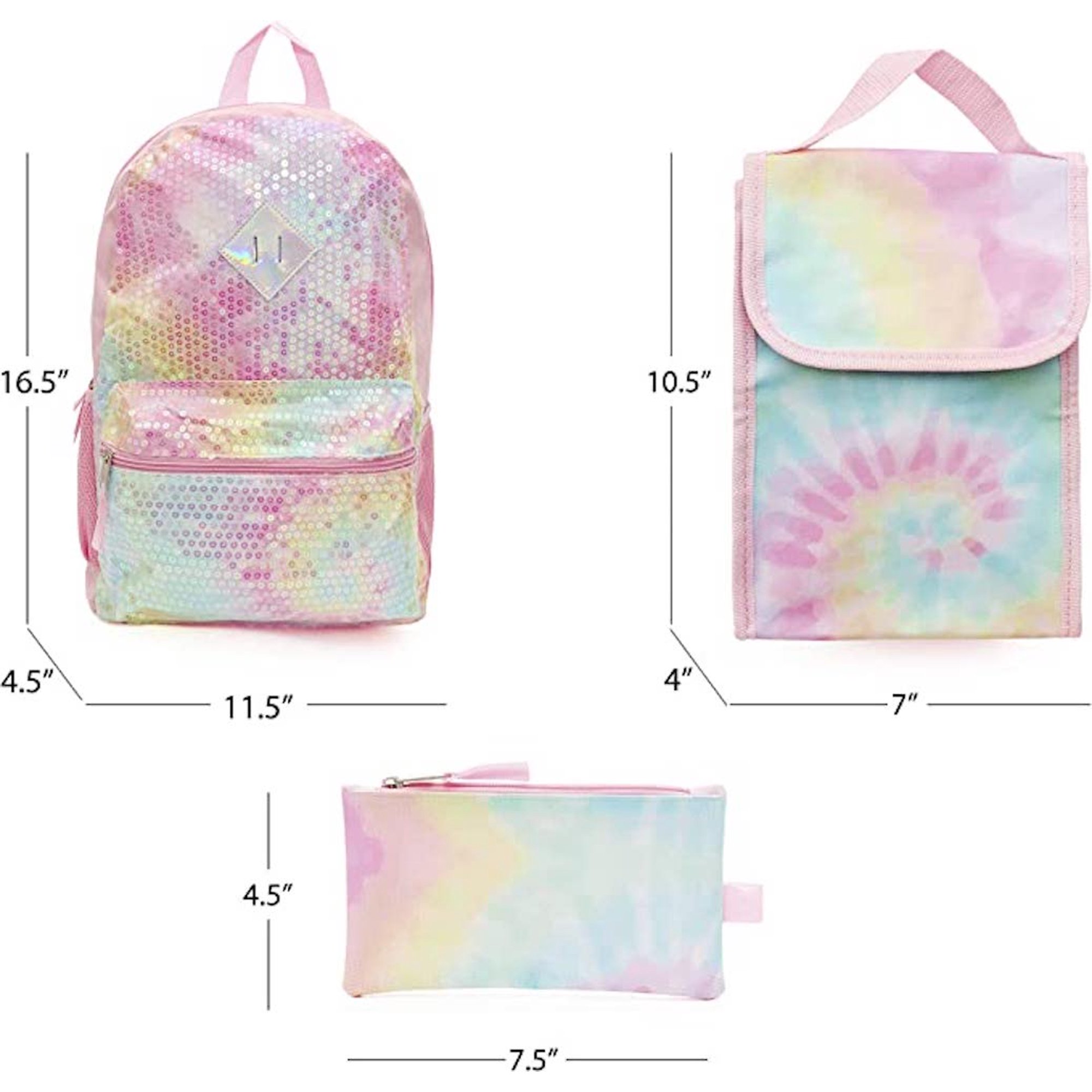 Girls/Women pink tie dye backpack w/ lunch box and water bottle 6 piece set