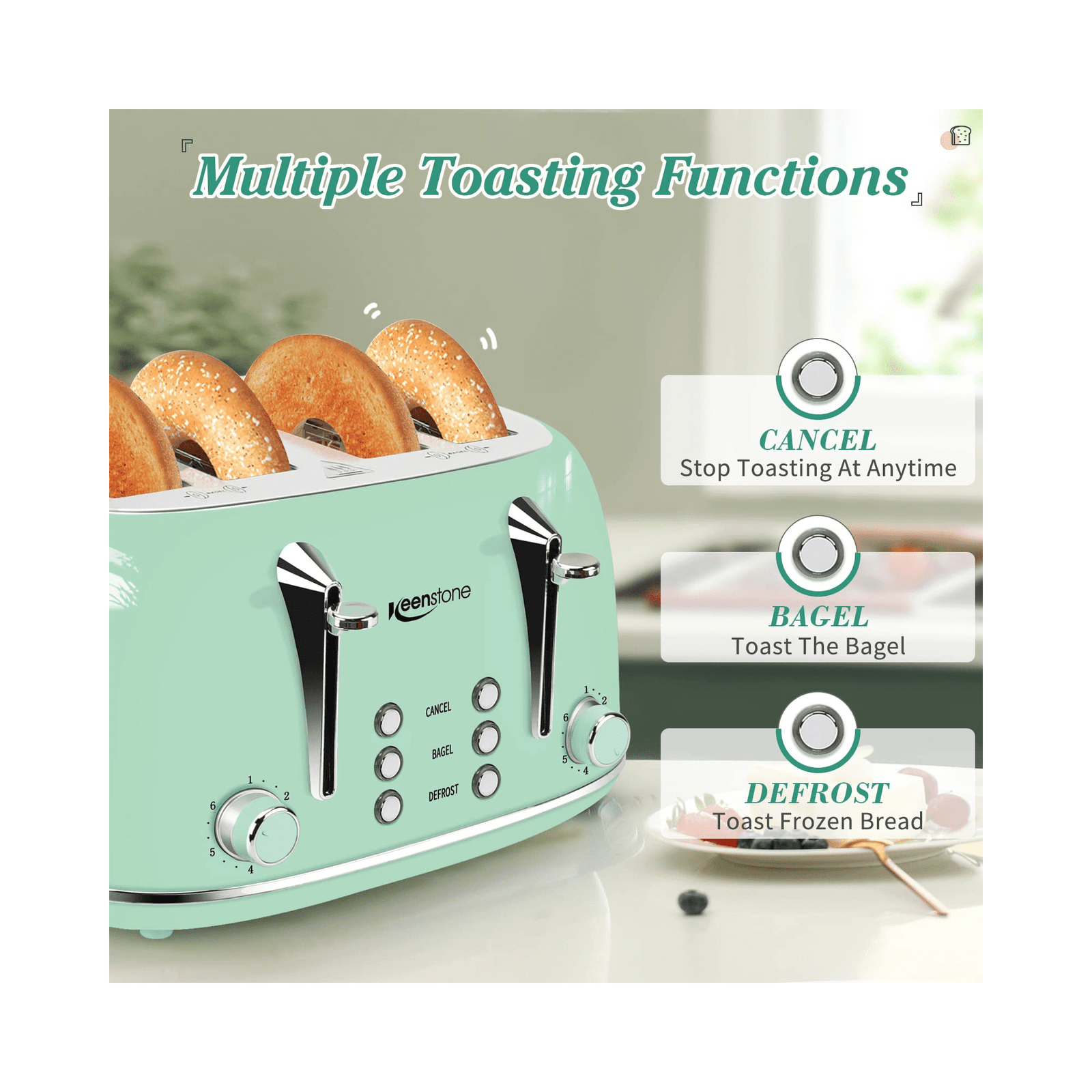 Toasters 4 Slice, Keenstone Retro Stainless Steel Bagel Toaster with Wide  Slots, Green – The Market Depot