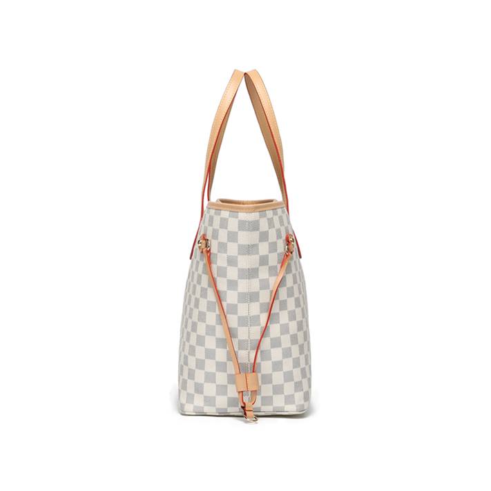 White Checkered Tote Shoulder Bags With Inner Pouch,PU Vegan