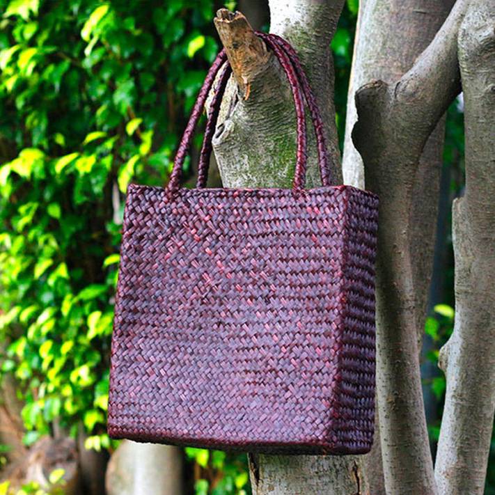 Petmoko Women Retro Handwoven Bags Beach Straw Tote with Bamboo