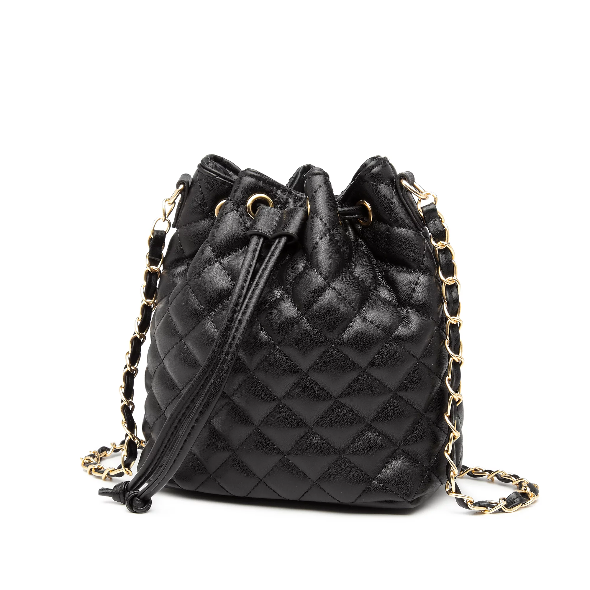 Poppy Women's Classic Quilted Shoulder Bag & Wallet Set Vagan Leather Metal Chain  Strap Tote Handbag Purse 2Pcs-Black 