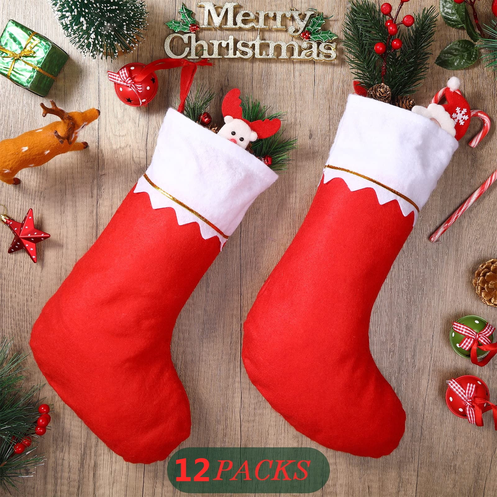 12 Pack Red Felt Christmas Stockings, Christams Fireplace Socks Candy Gift  Bags Santa Claus Xmas Tree Ornaments, Classic Red and White, Party