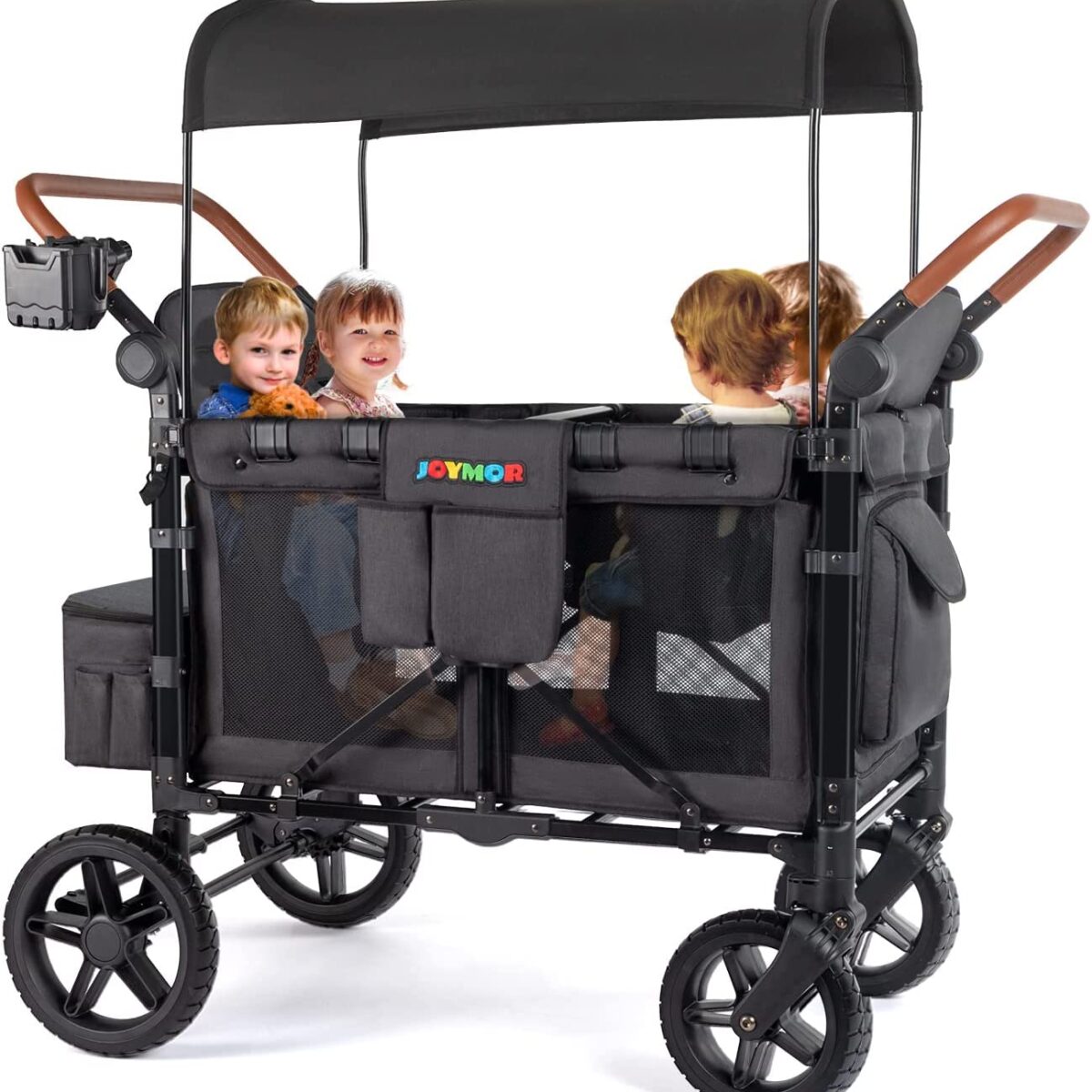 JOYMOR Stroller Wagon for 4 Kids Luxury 4 Seater Wagon Stroller Features Rubber Wheel 5 Point Harnesses Double Side Handles Adjustable Removable UV Protection Canopy The Market Depot