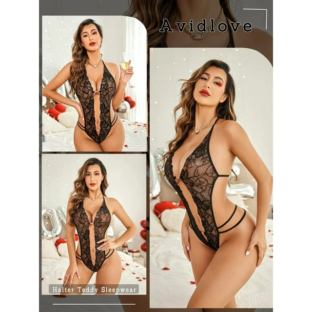 Avidlove Lingerie for Women Sexy Lace Bodysuit Halter V Teddy